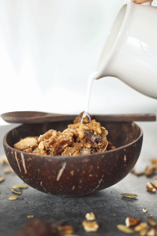 One bowl, 10 ingredient grain-free granola recipe. It's crunchy, clumpy, and vegan, oil-free, and naturally sweetened.